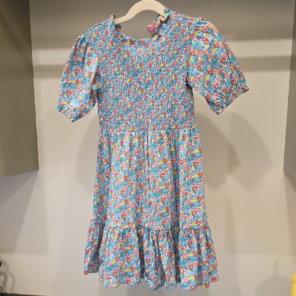 Mini Boden Blue Floral Smocked Dress with Puff Sleeves